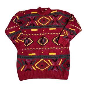 Vintage 90s American Eagle Aztec Tunic Sweater Large Linen Cotton Wine Red